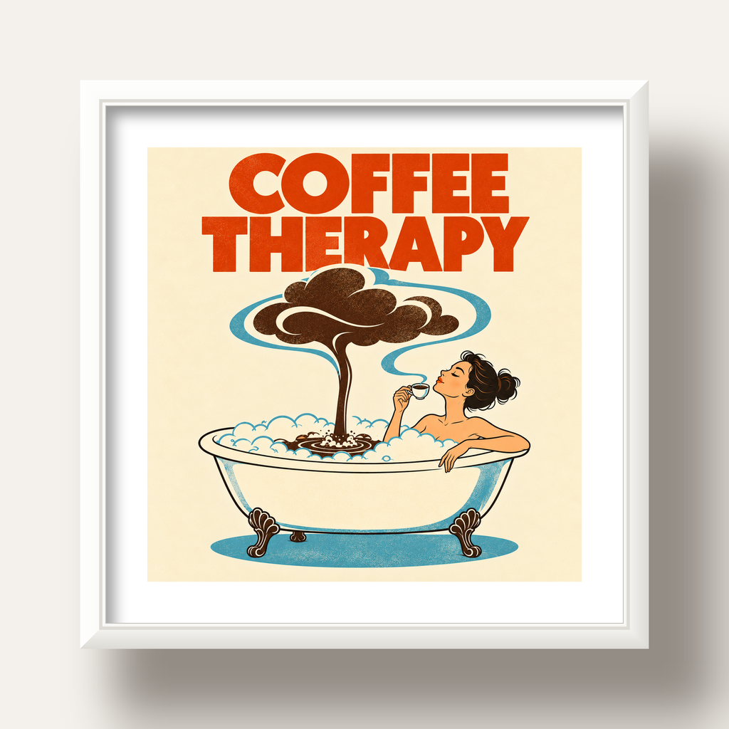 Coffee Therapy Küvette Kahve Keyfi Retro Poster — beyaz derin çerçeveli paspartulu