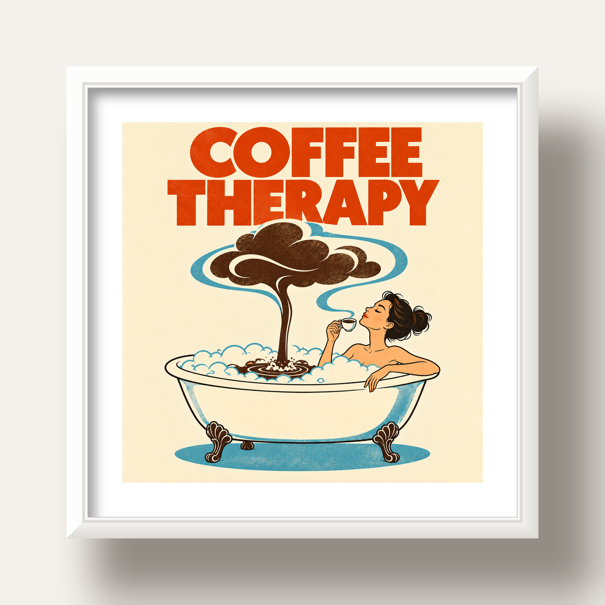 Coffee Therapy Küvette Kahve Keyfi Retro Poster — beyaz derin çerçeveli paspartulu