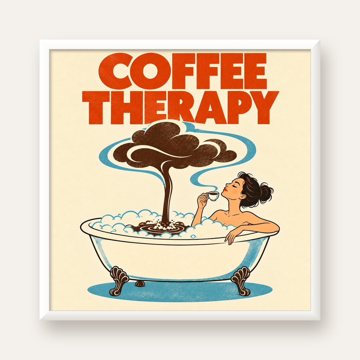Coffee Therapy Küvette Kahve Keyfi Retro Poster — beyaz çerçeveli kare poster