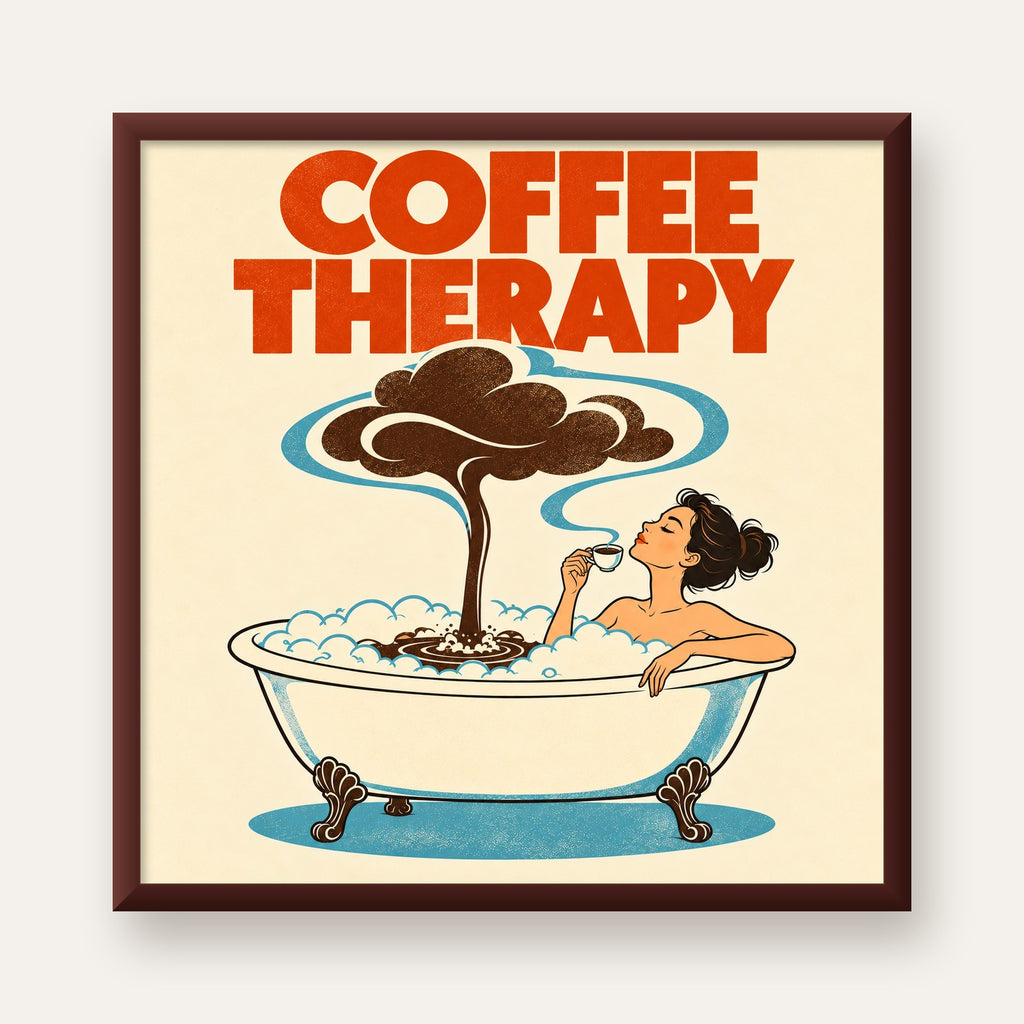 Coffee Therapy Küvette Kahve Keyfi Retro Poster — ceviz çerçeveli