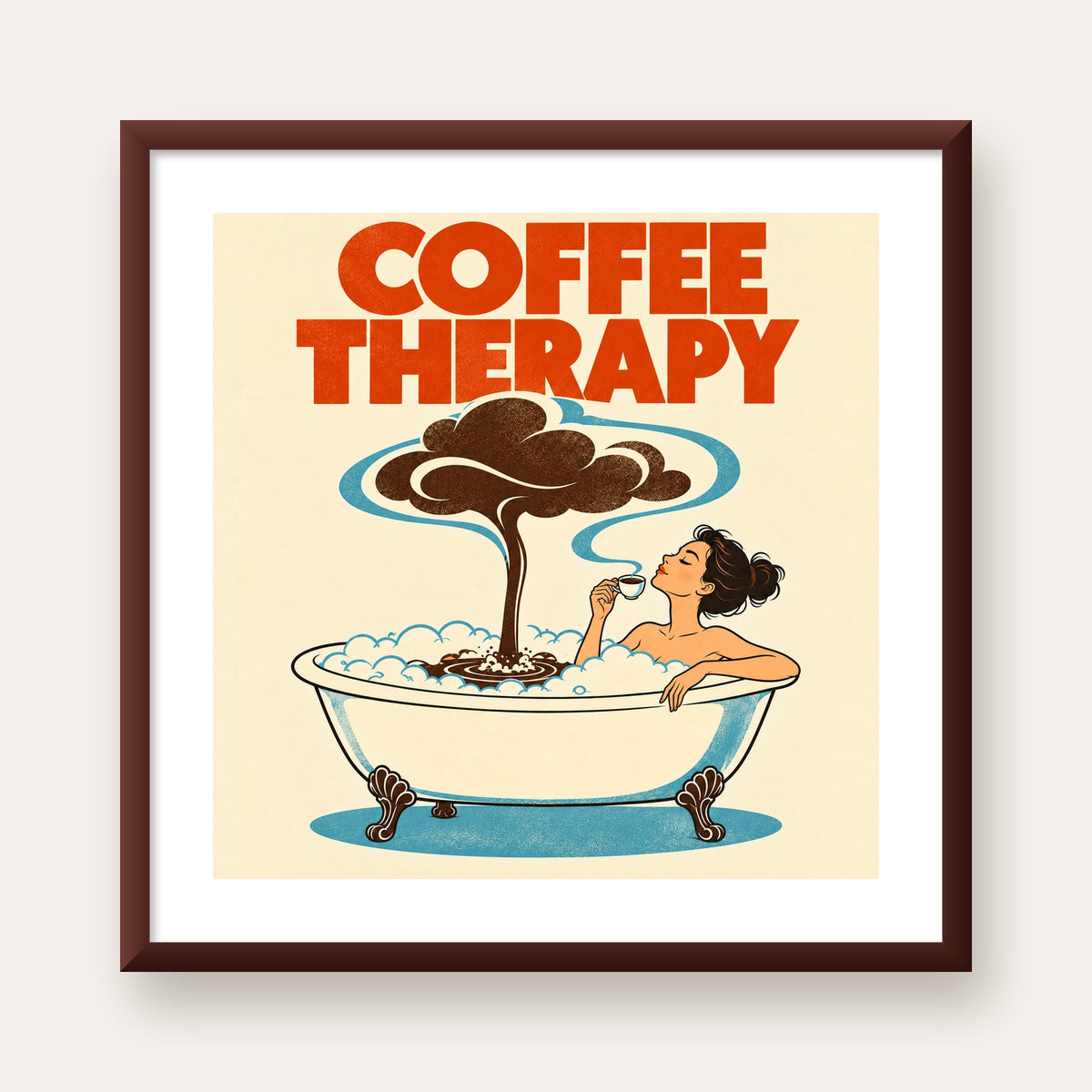 Coffee Therapy Küvette Kahve Keyfi Retro Poster — ceviz çerçeveli paspartulu