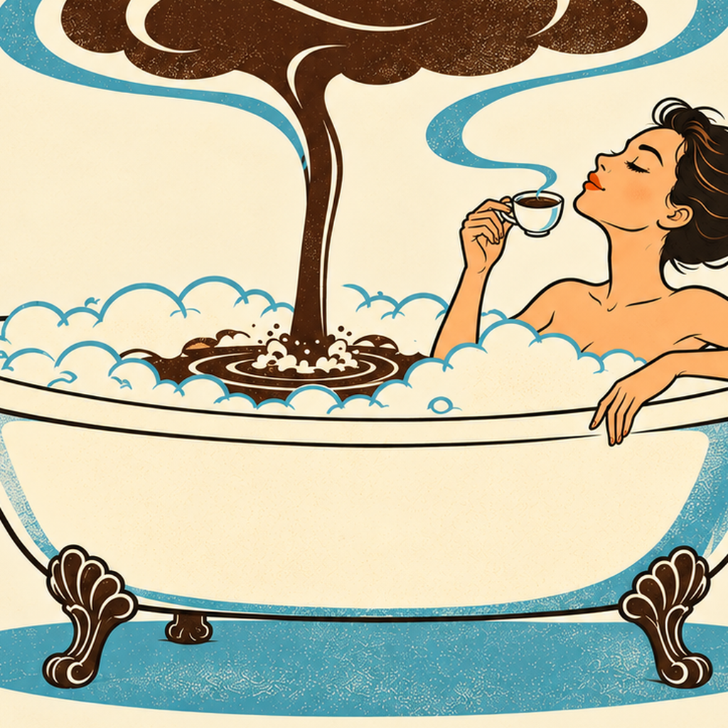 Coffee Therapy Retro Banyo & Kahve İllüstrasyon Poster — baskının yakın çekimi, kâğıt dokusu ve renk detayı