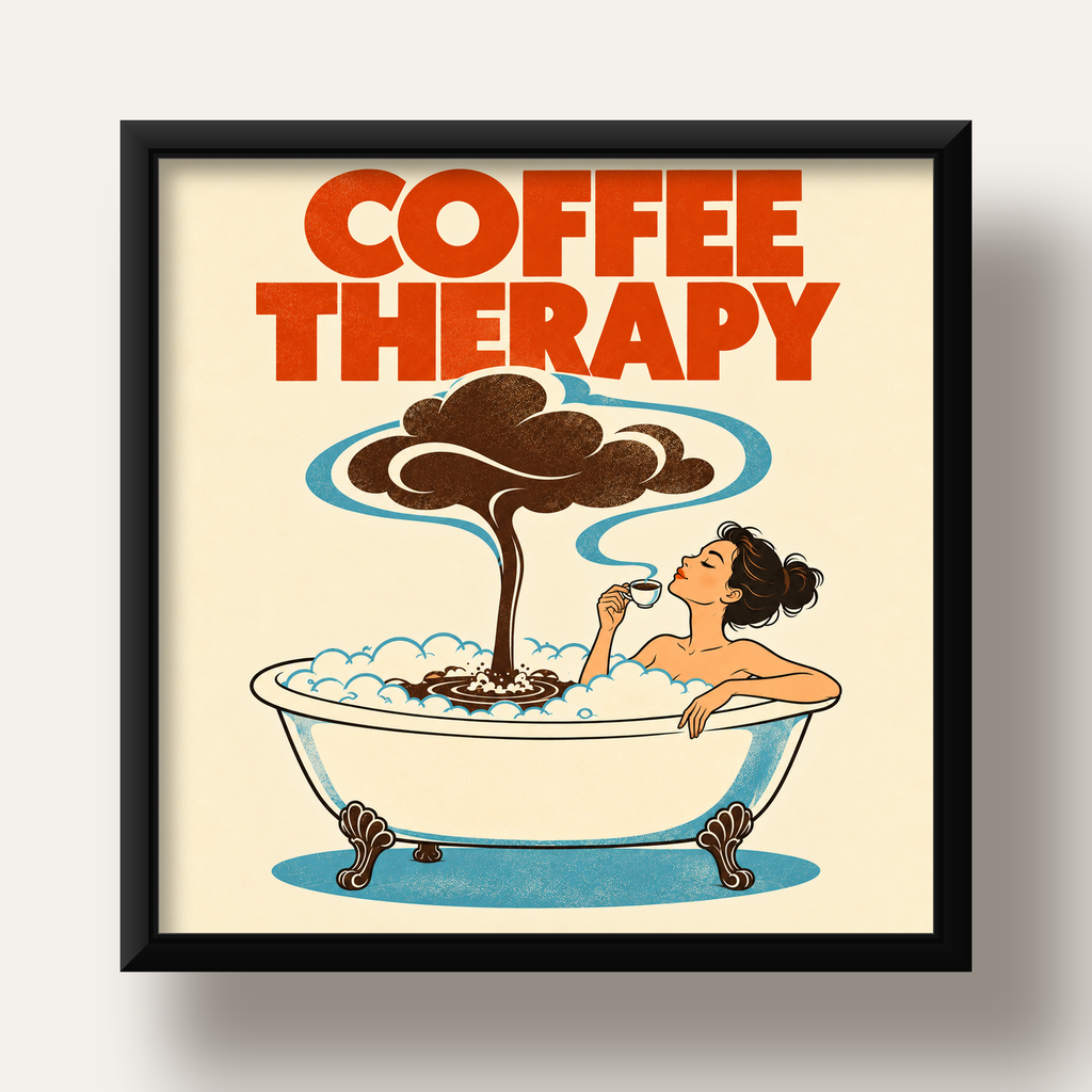 Coffee Therapy Küvette Kahve Keyfi Retro Poster — siyah derin çerçeveli