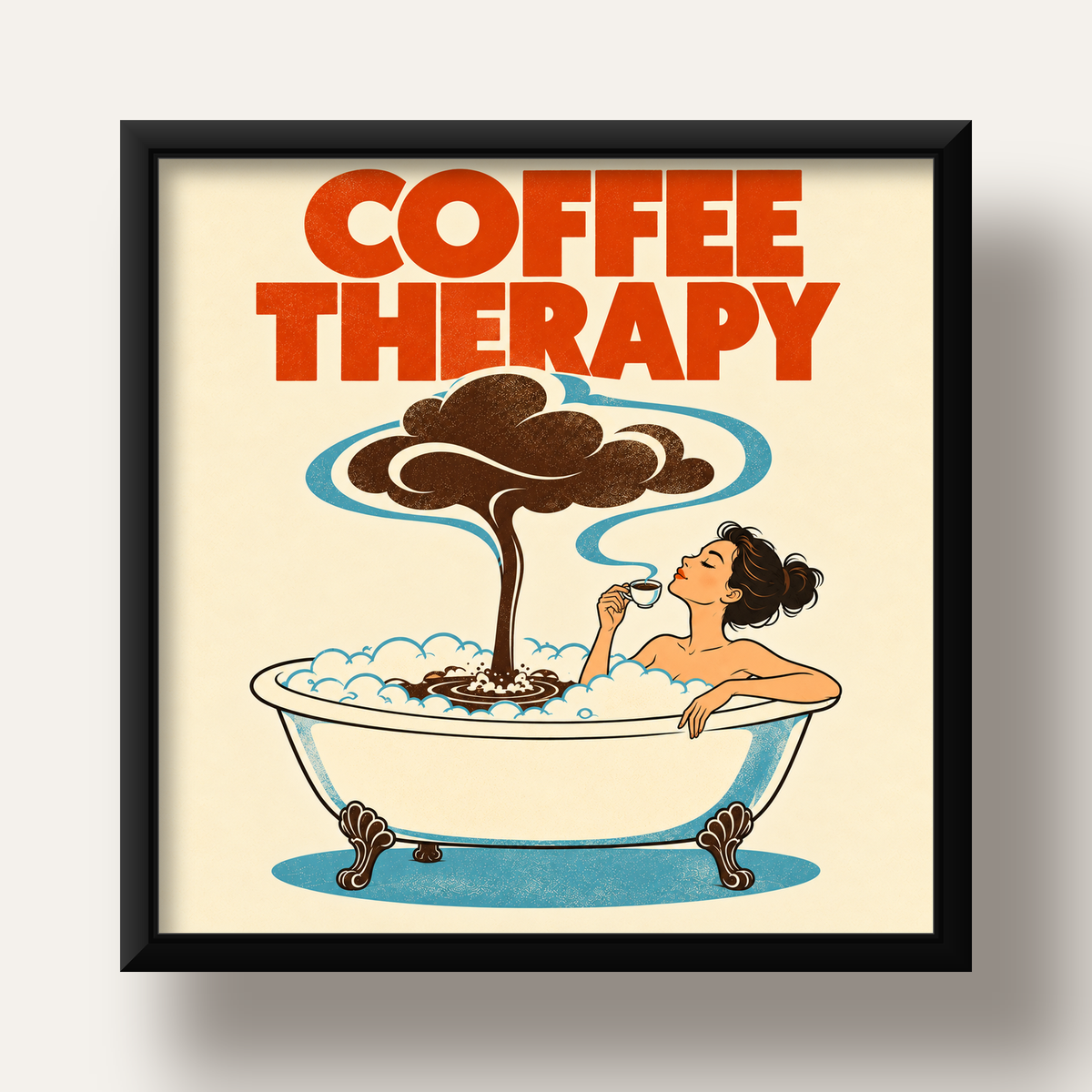 Coffee Therapy Küvette Kahve Keyfi Retro Poster — siyah derin çerçeveli
