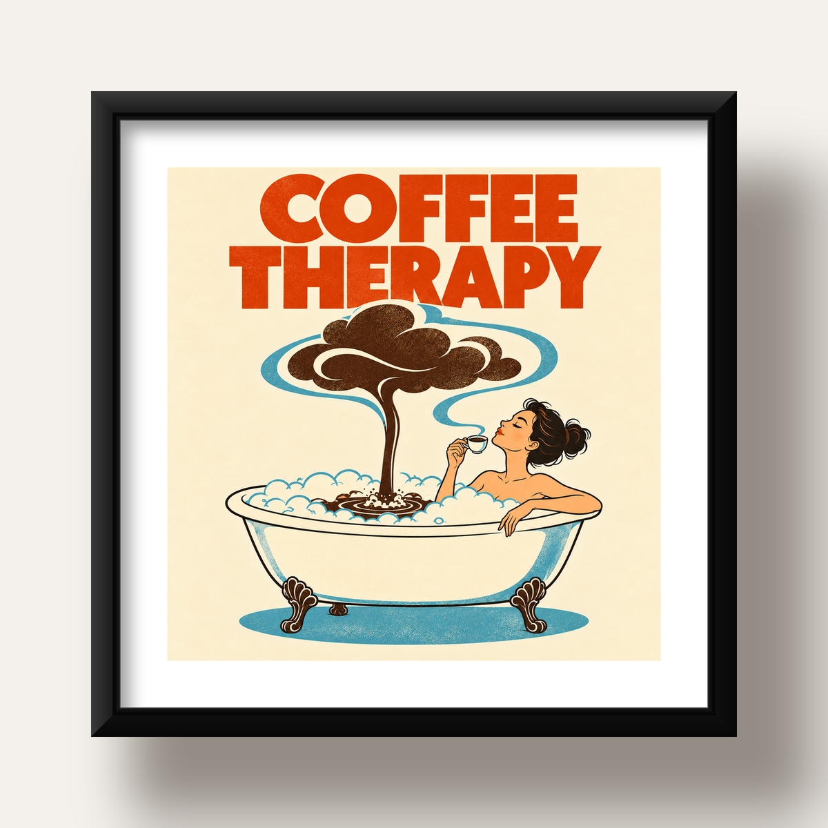 Coffee Therapy Küvette Kahve Keyfi Retro Poster — siyah derin çerçeveli paspartulu