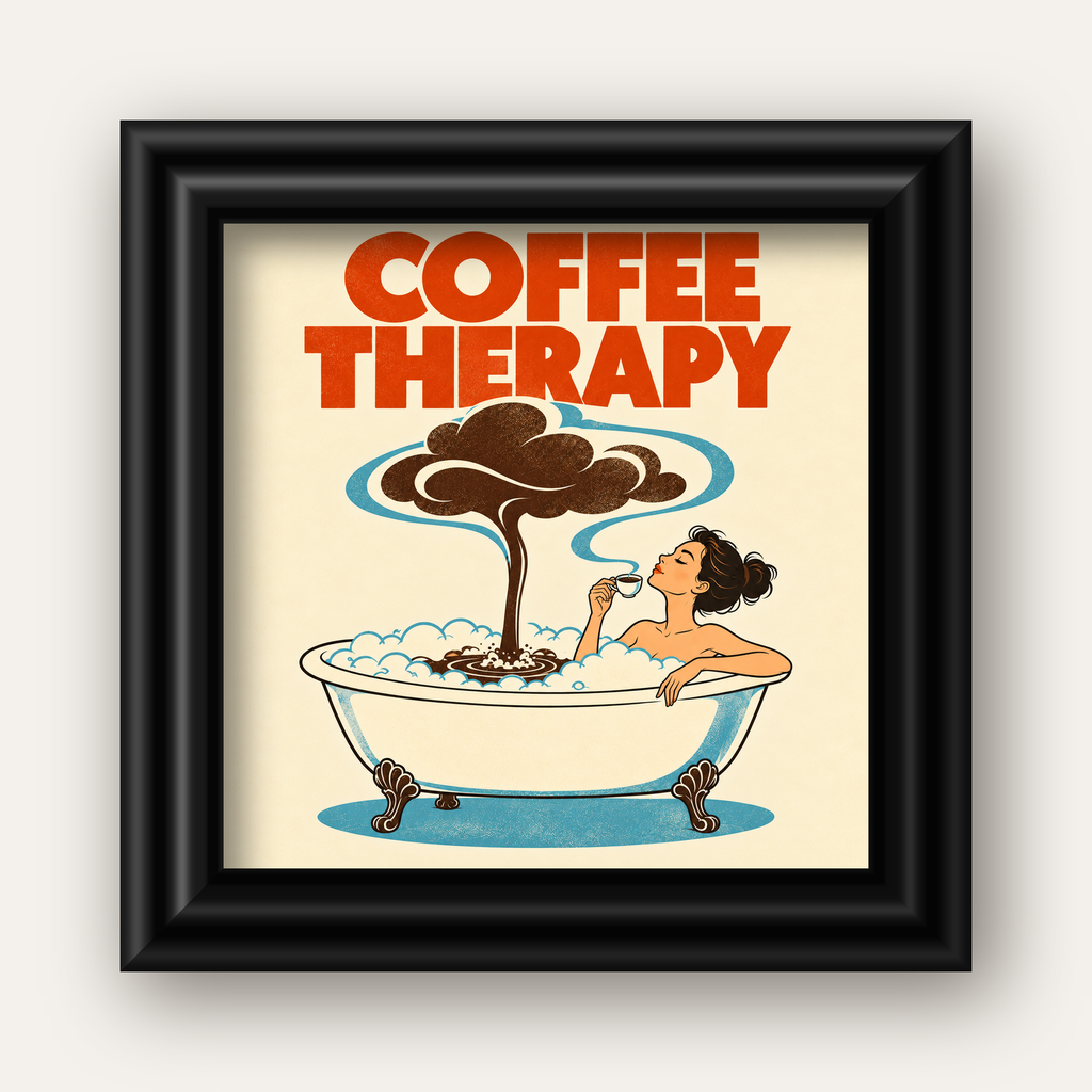 Coffee Therapy Küvette Kahve Keyfi Retro Poster — siyah galeri çerçeveli