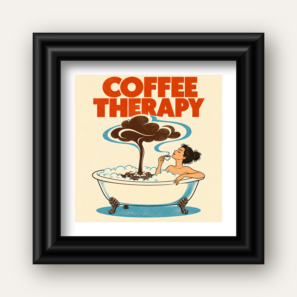Coffee Therapy Küvette Kahve Keyfi Retro Poster — siyah galeri çerçeveli paspartulu
