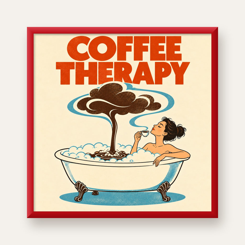 Coffee Therapy Küvette Kahve Keyfi Retro Poster — kırmızı çerçeveli