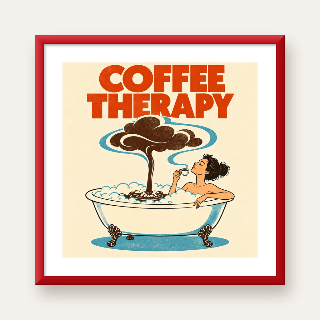 Coffee Therapy Küvette Kahve Keyfi Retro Poster — kırmızı çerçeveli paspartulu