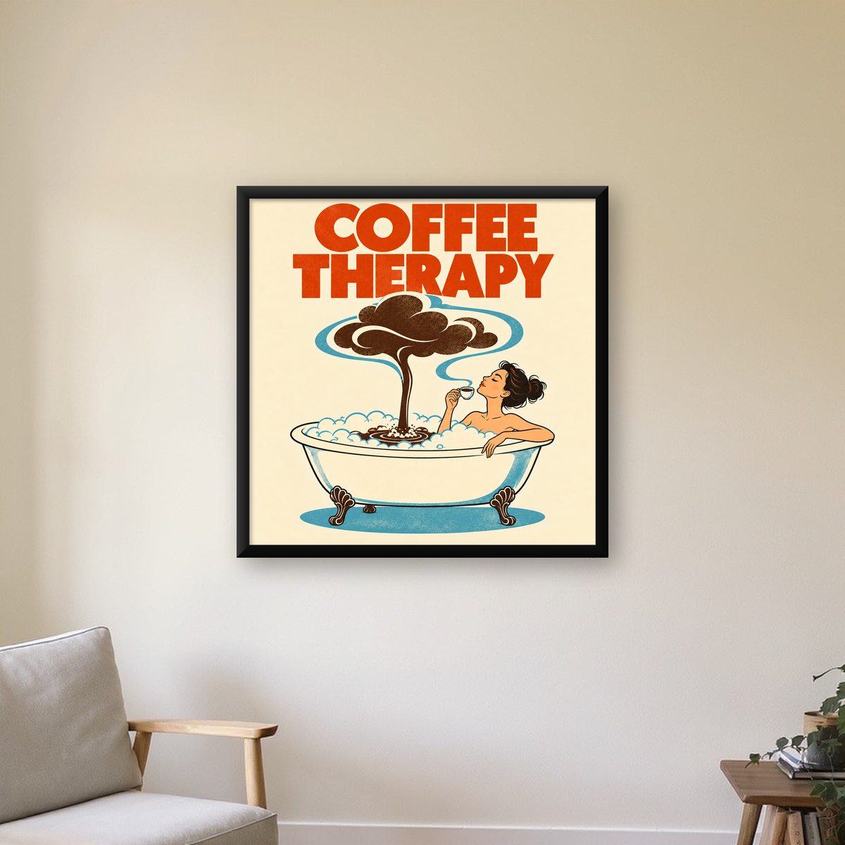 Coffee Therapy Retro Banyo & Kahve İllüstrasyon Poster — Kare baskı, çerçeveli hâliyle bir ev duvarında