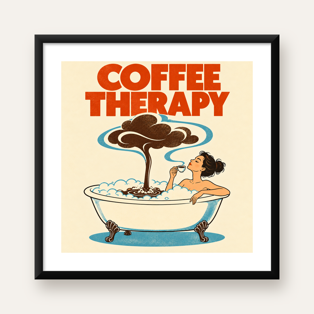 Coffee Therapy Retro Banyo & Kahve İllüstrasyon Poster — Kare baskı, beyaz kenar boşluklu