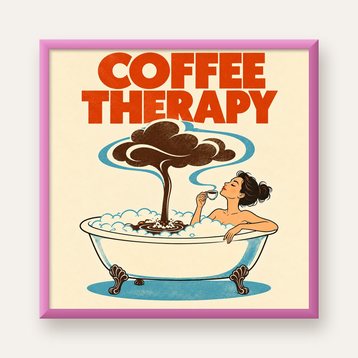 Coffee Therapy Küvette Kahve Keyfi Retro Poster — pembe çerçeveli