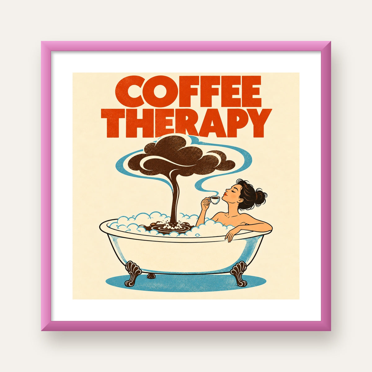 Coffee Therapy Küvette Kahve Keyfi Retro Poster — pembe çerçeveli paspartulu