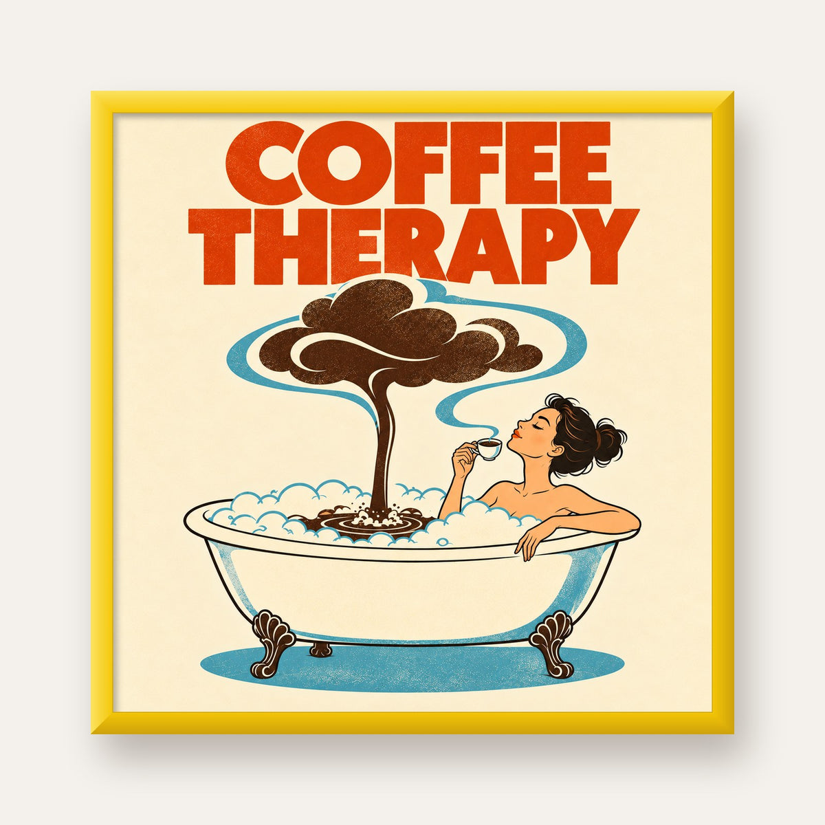 Coffee Therapy Küvette Kahve Keyfi Retro Poster — sarı çerçeveli