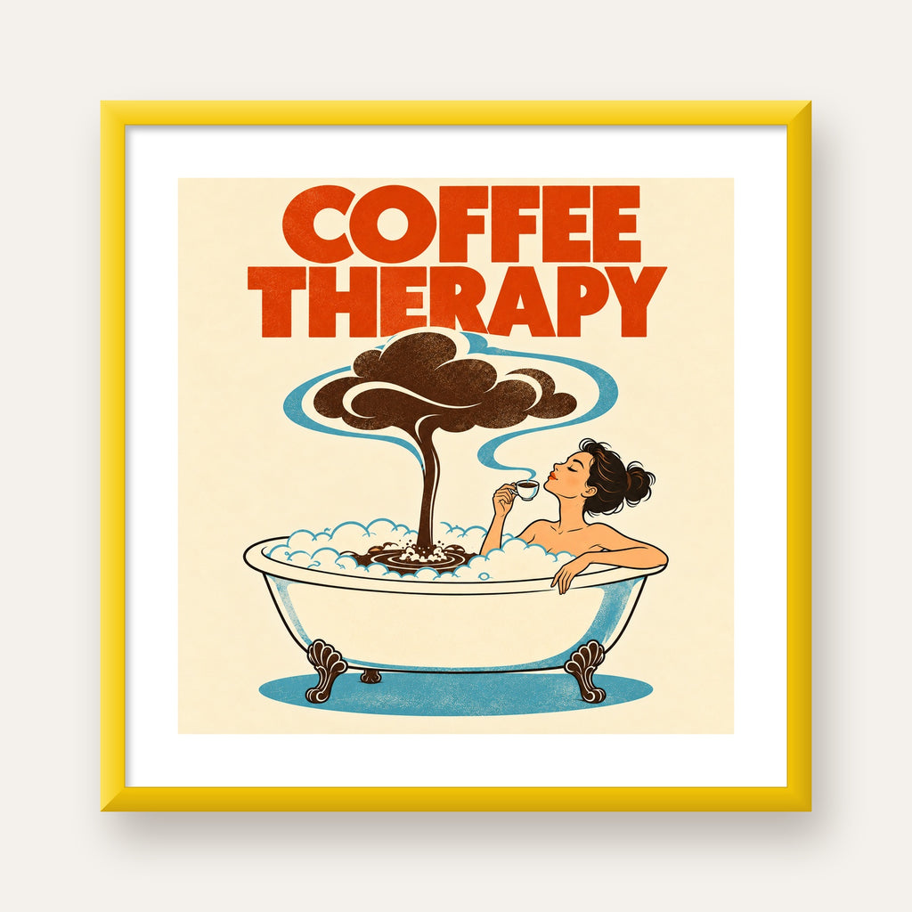 Coffee Therapy Küvette Kahve Keyfi Retro Poster — sarı çerçeveli paspartulu