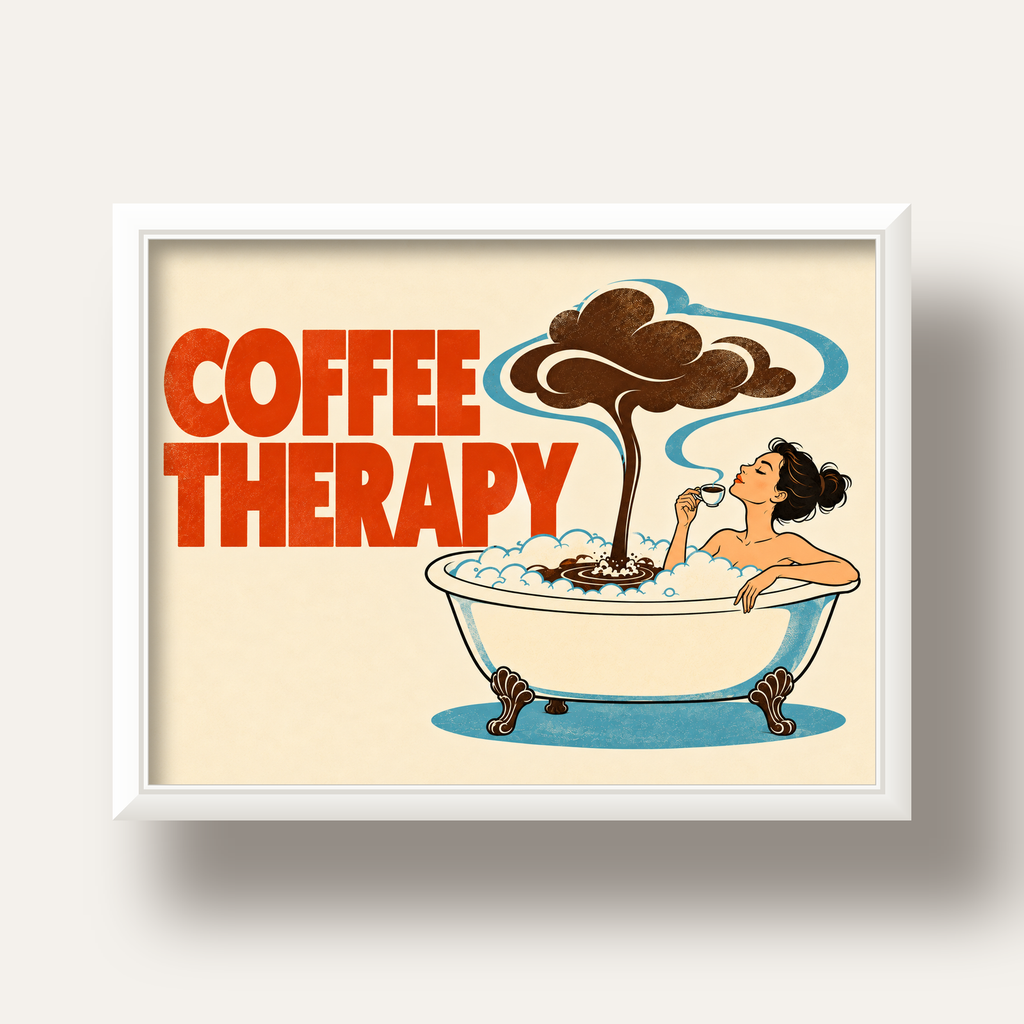 Coffee Therapy Küvette Kahve Keyfi Retro Poster — beyaz derin çerçeveli