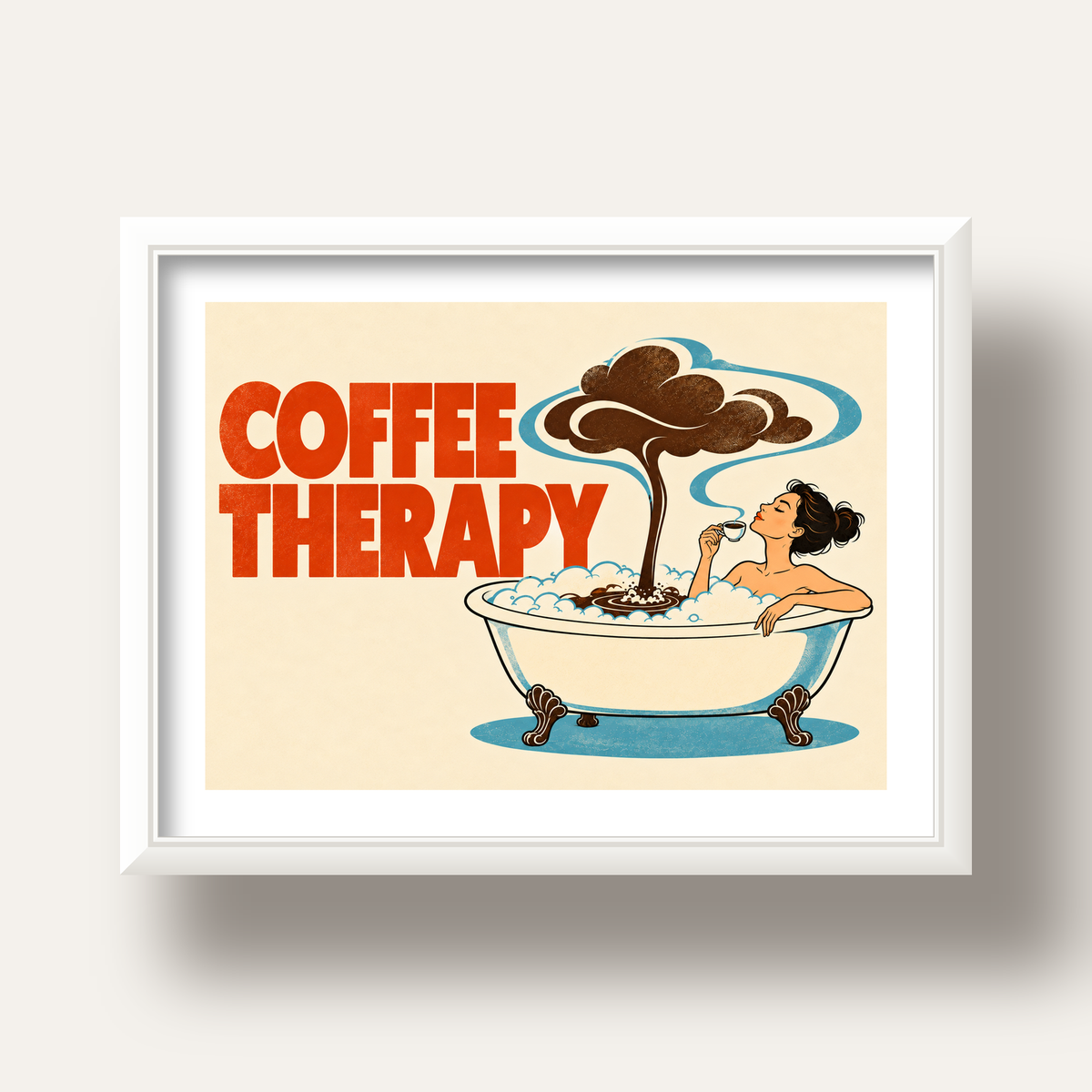 Coffee Therapy Küvette Kahve Keyfi Retro Poster — beyaz derin çerçeveli paspartulu