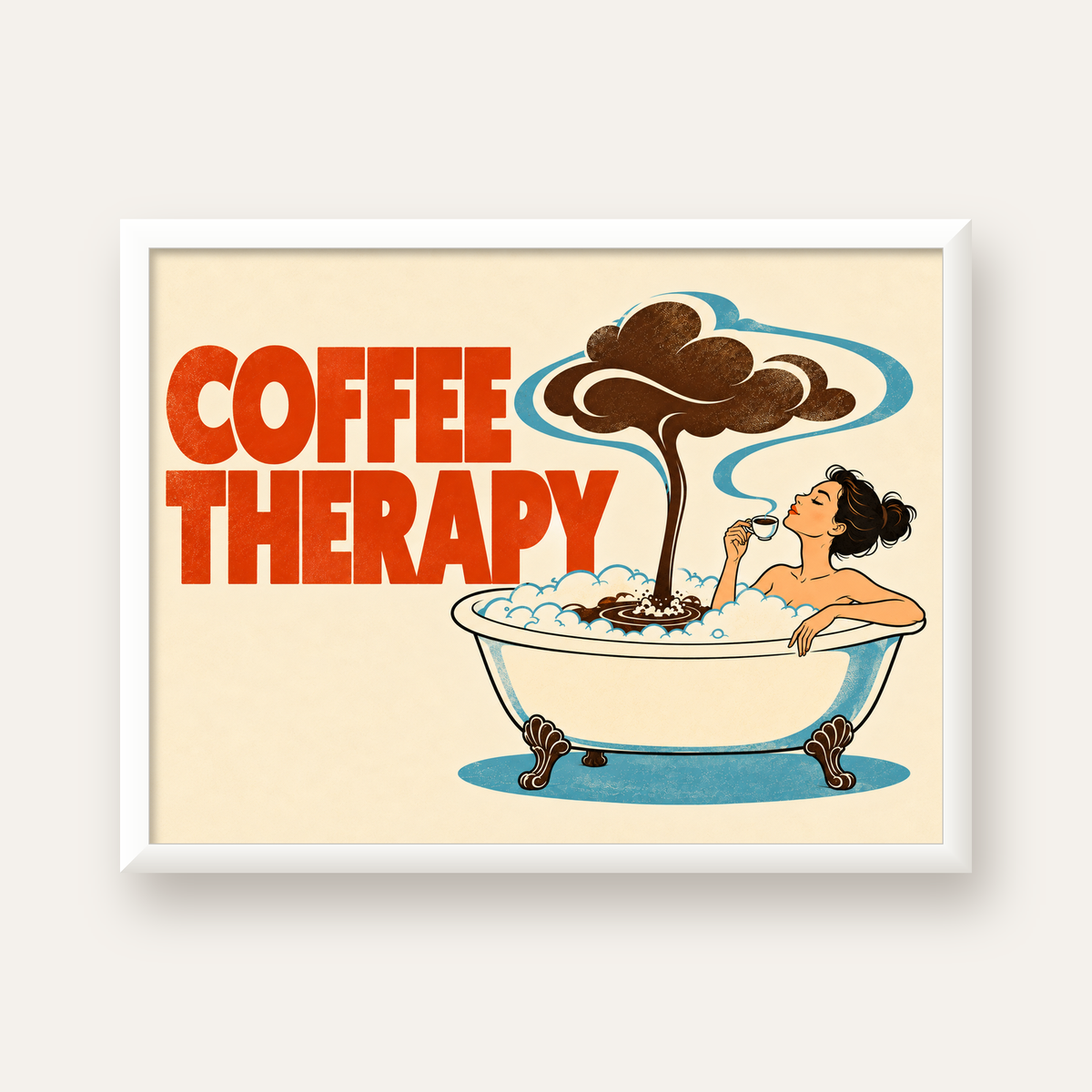 Coffee Therapy Küvette Kahve Keyfi Retro Poster — beyaz çerçeveli yatay poster