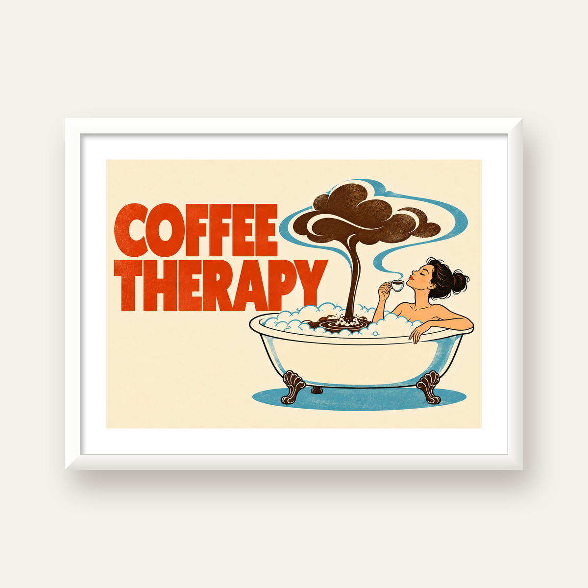 Coffee Therapy Küvette Kahve Keyfi Retro Poster — beyaz çerçeveli yatay poster