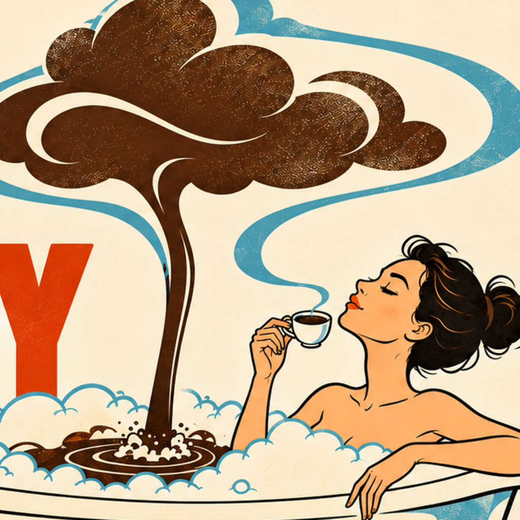 Coffee Therapy Retro Banyo & Kahve İllüstrasyon Poster — baskının yakın çekimi, kâğıt dokusu ve renk detayı