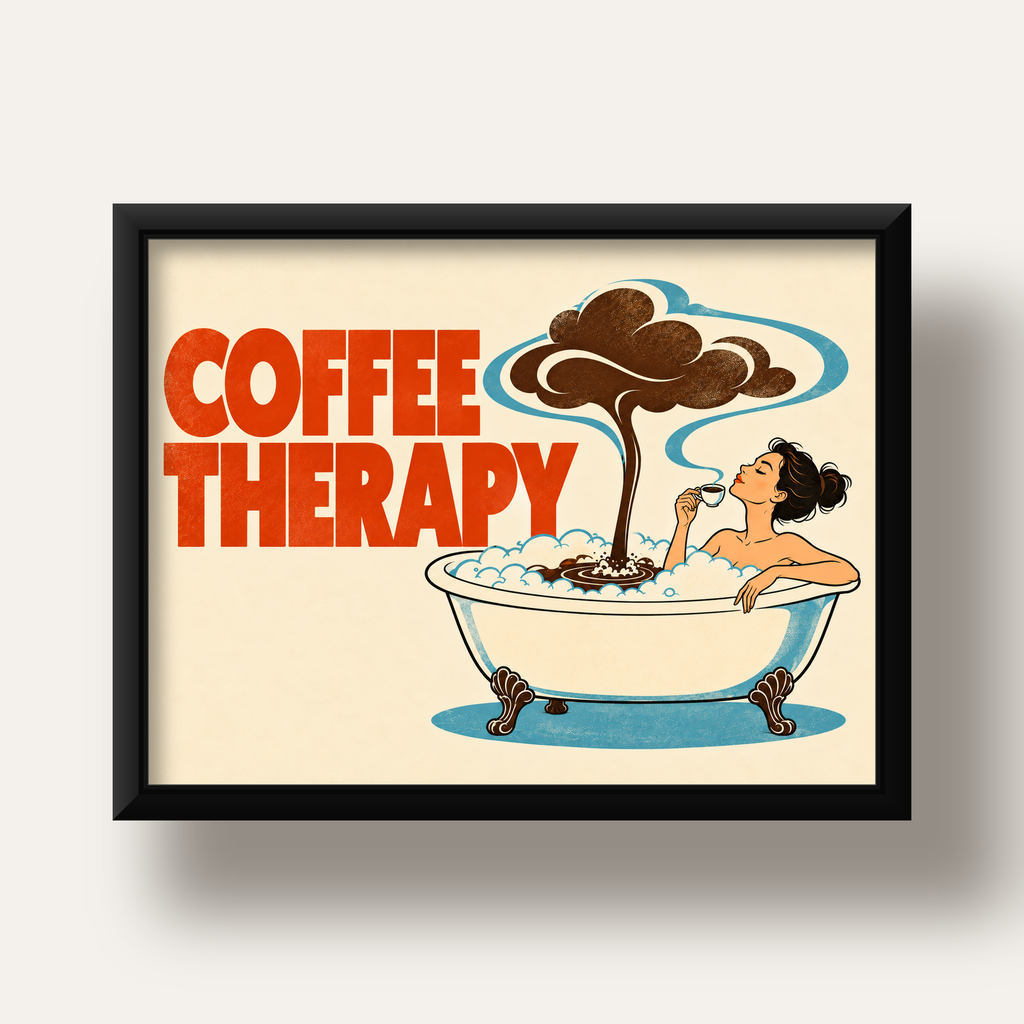 Coffee Therapy Küvette Kahve Keyfi Retro Poster — siyah derin çerçeveli