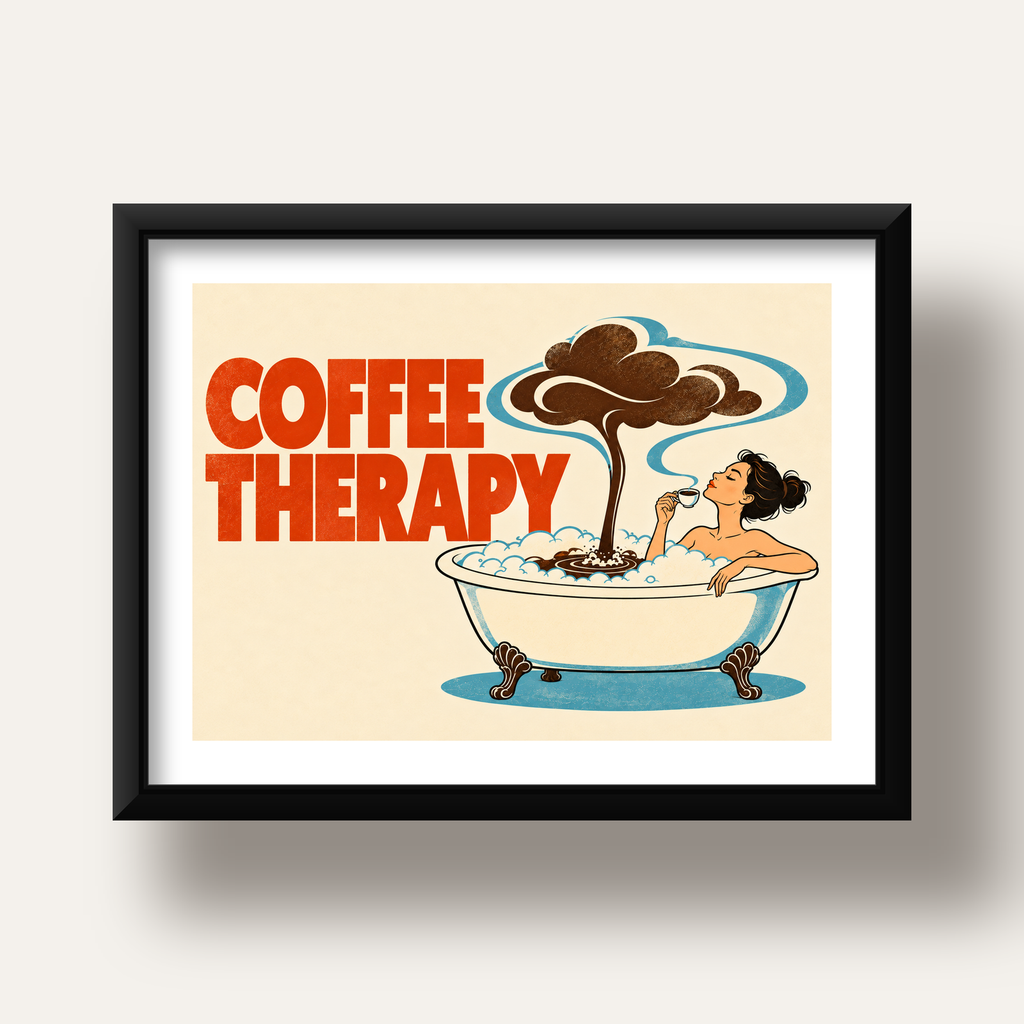 Coffee Therapy Küvette Kahve Keyfi Retro Poster — siyah derin çerçeveli paspartulu