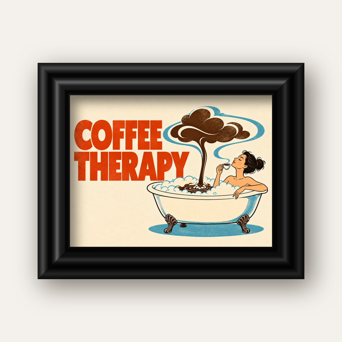 Coffee Therapy Küvette Kahve Keyfi Retro Poster — siyah galeri çerçeveli