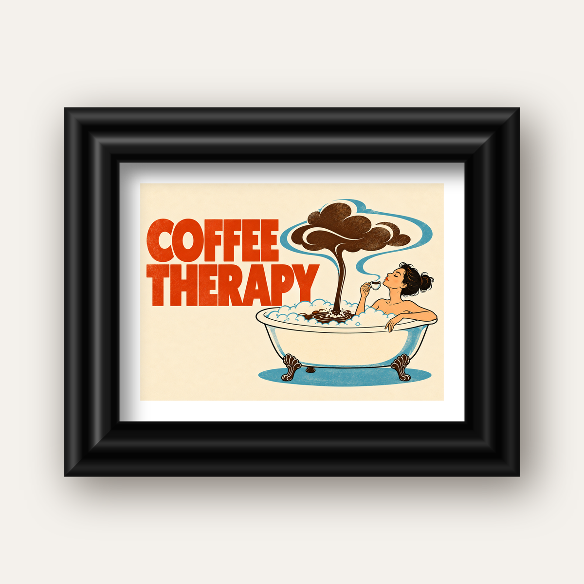 Coffee Therapy Küvette Kahve Keyfi Retro Poster — siyah galeri çerçeveli paspartulu