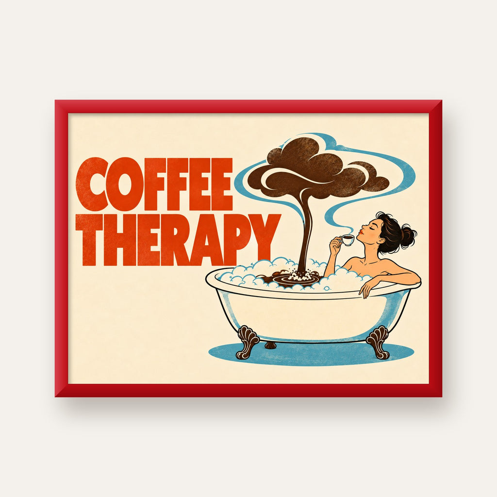 Coffee Therapy Küvette Kahve Keyfi Retro Poster — kırmızı çerçeveli