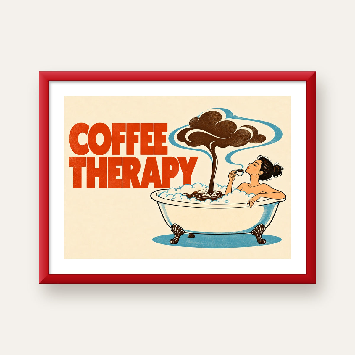 Coffee Therapy Küvette Kahve Keyfi Retro Poster — kırmızı çerçeveli paspartulu