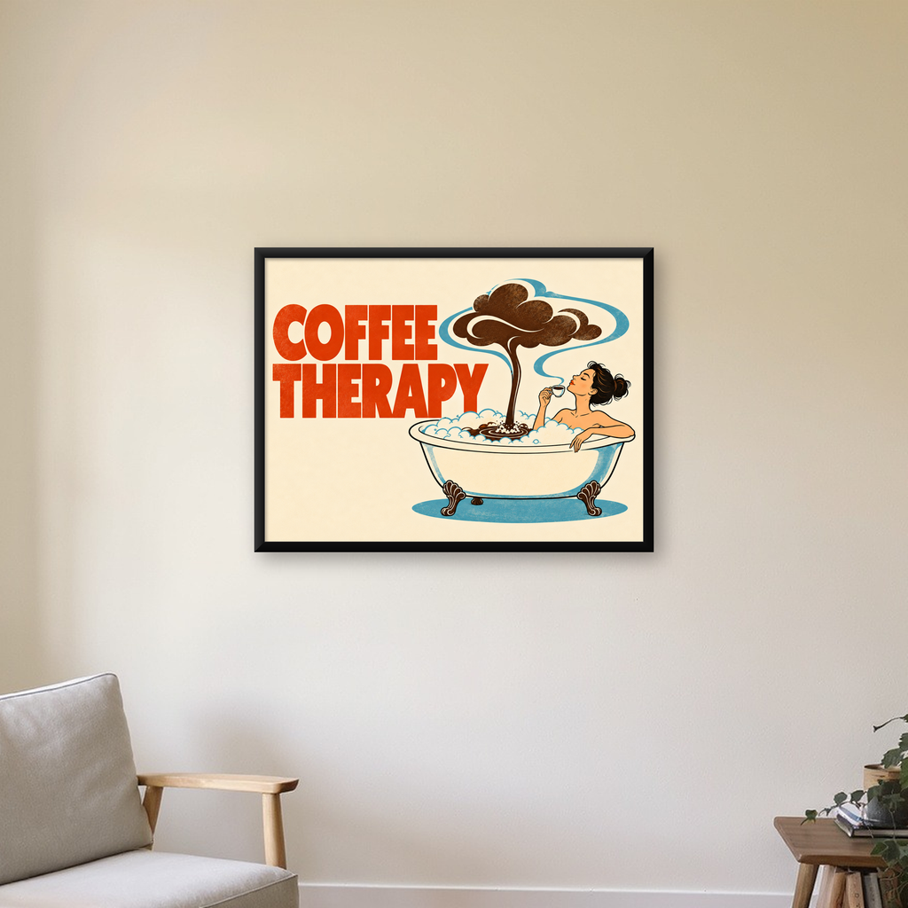 Coffee Therapy Retro Banyo & Kahve İllüstrasyon Poster — Yatay baskı, çerçeveli hâliyle bir ev duvarında