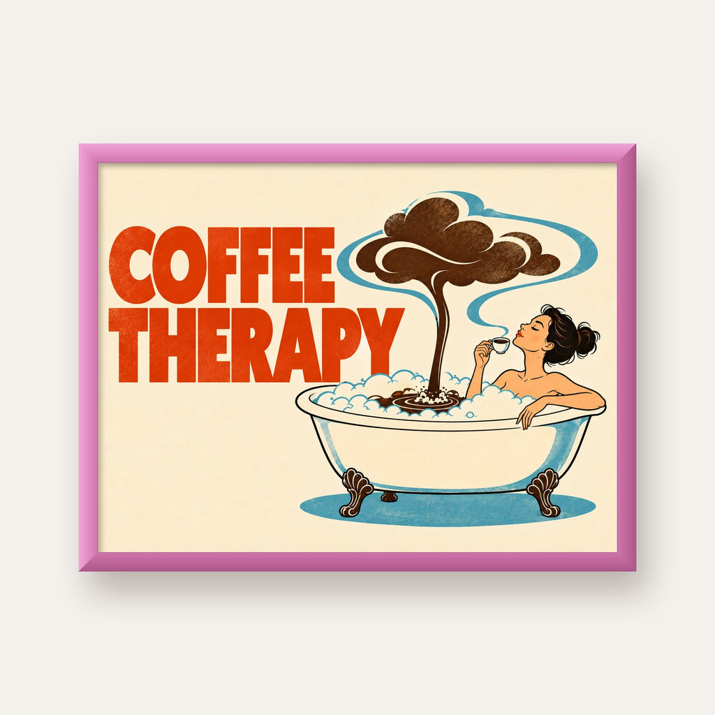 Coffee Therapy Küvette Kahve Keyfi Retro Poster — pembe çerçeveli