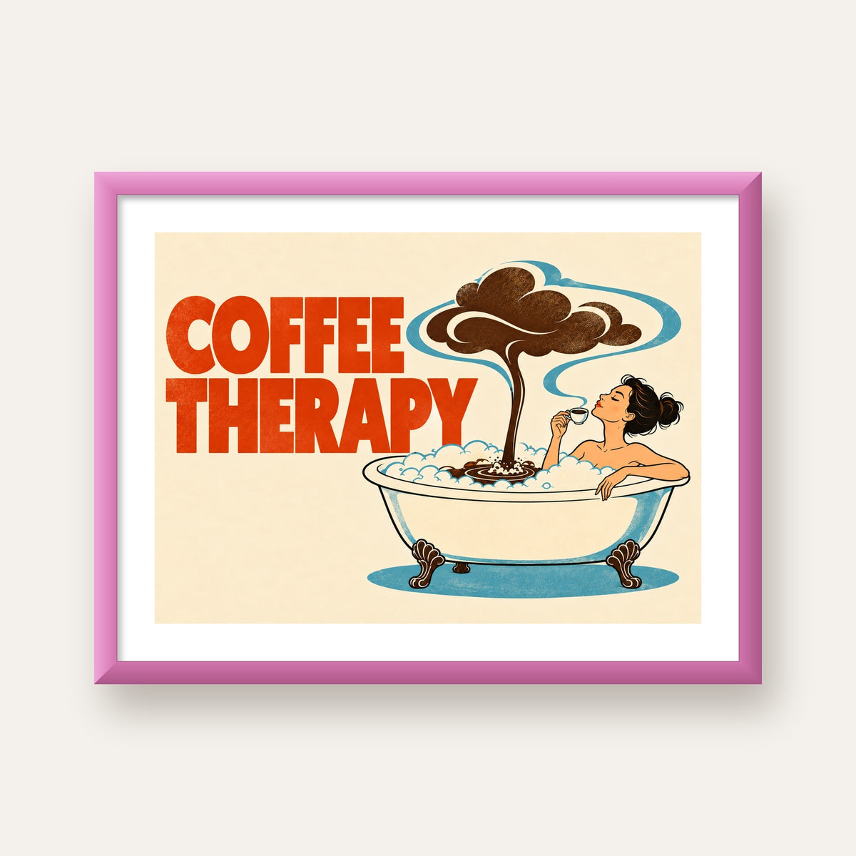 Coffee Therapy Küvette Kahve Keyfi Retro Poster — pembe çerçeveli paspartulu
