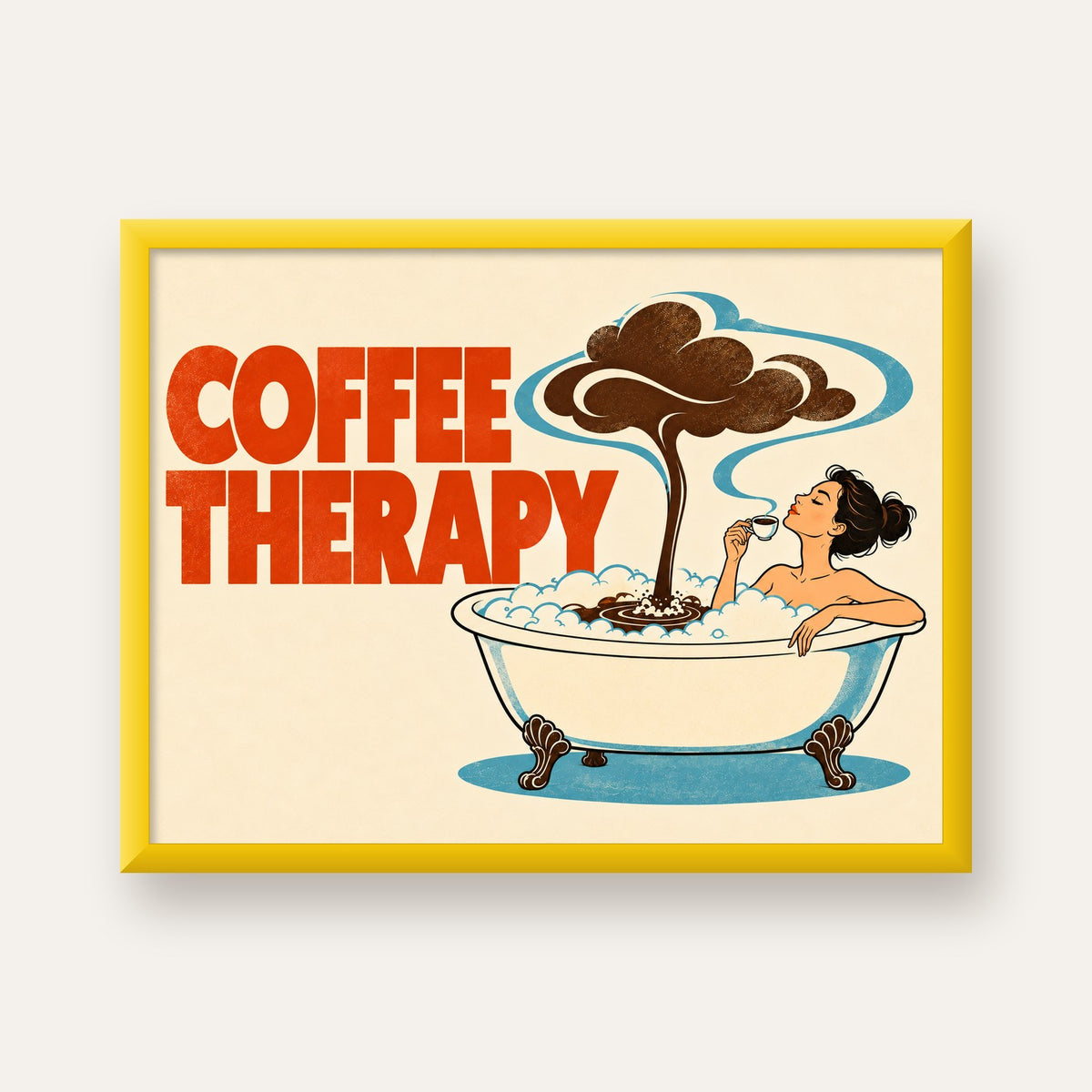 Coffee Therapy Küvette Kahve Keyfi Retro Poster — sarı çerçeveli