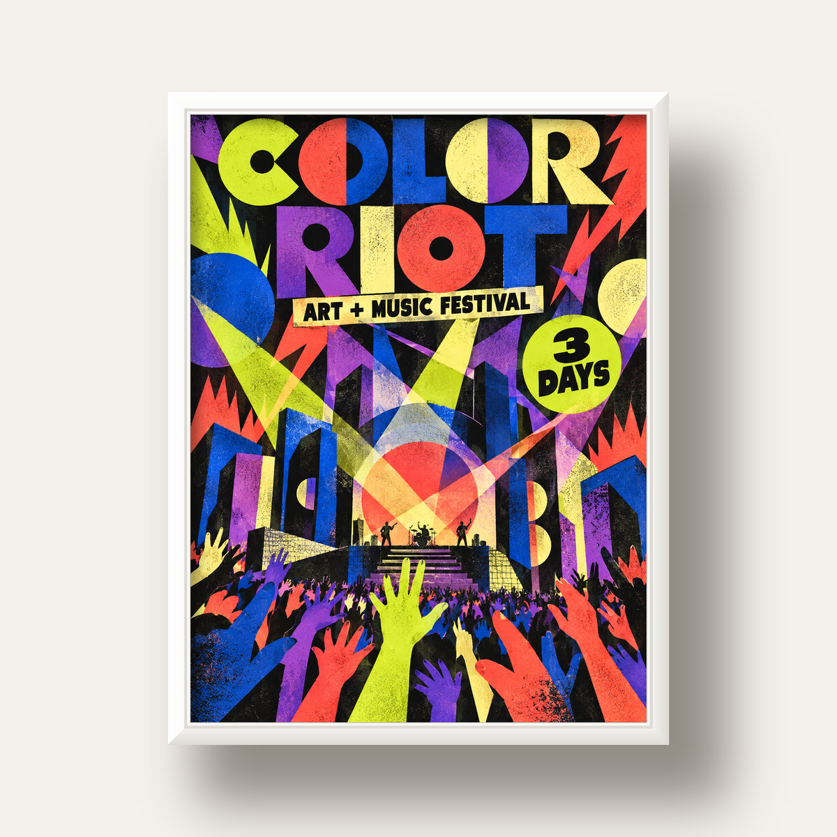 COLOR RIOT Müzik Festivali Pop-Art Poster – Renkli Dekor — beyaz derin çerçeveli