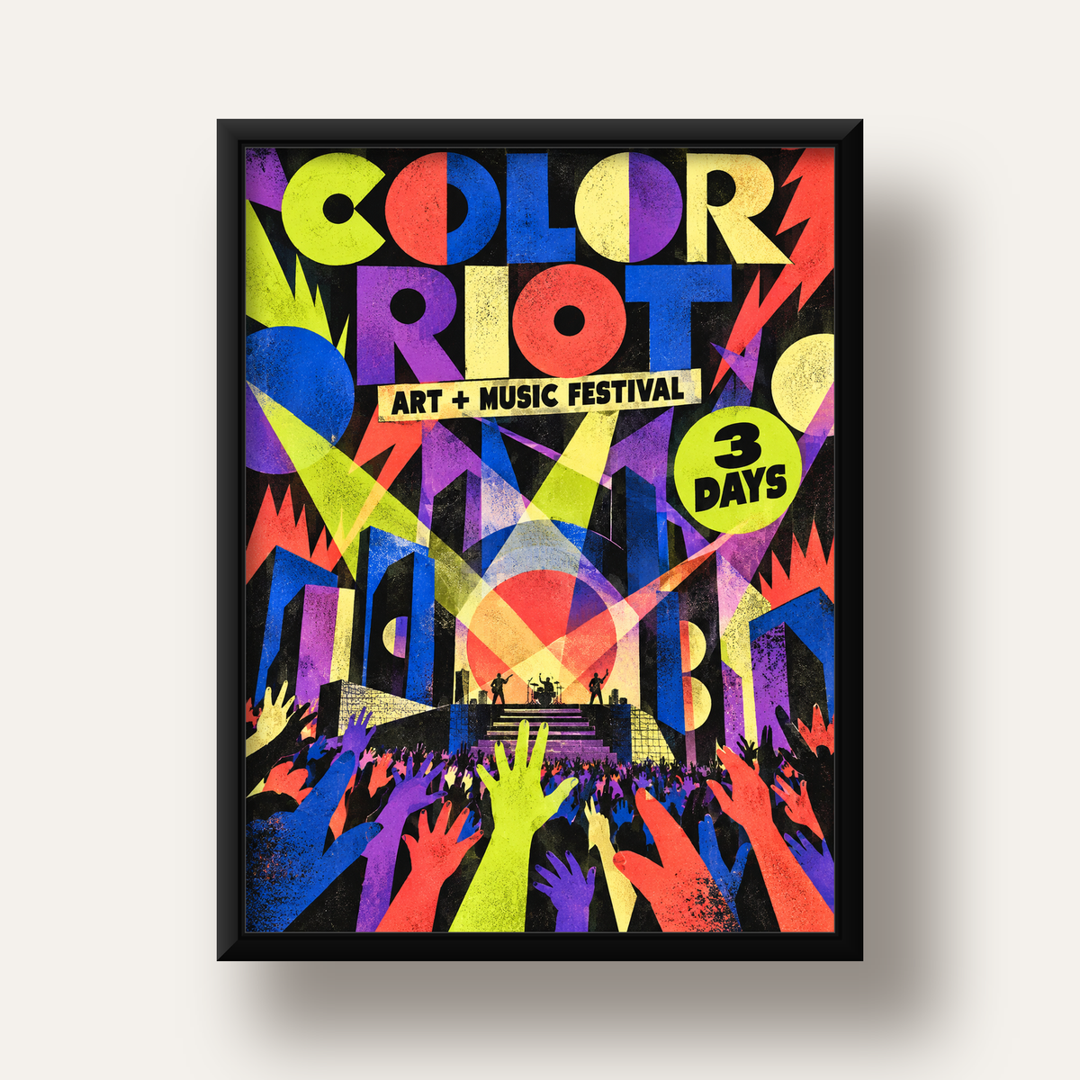 COLOR RIOT Müzik Festivali Pop-Art Poster – Renkli Dekor — siyah derin çerçeveli