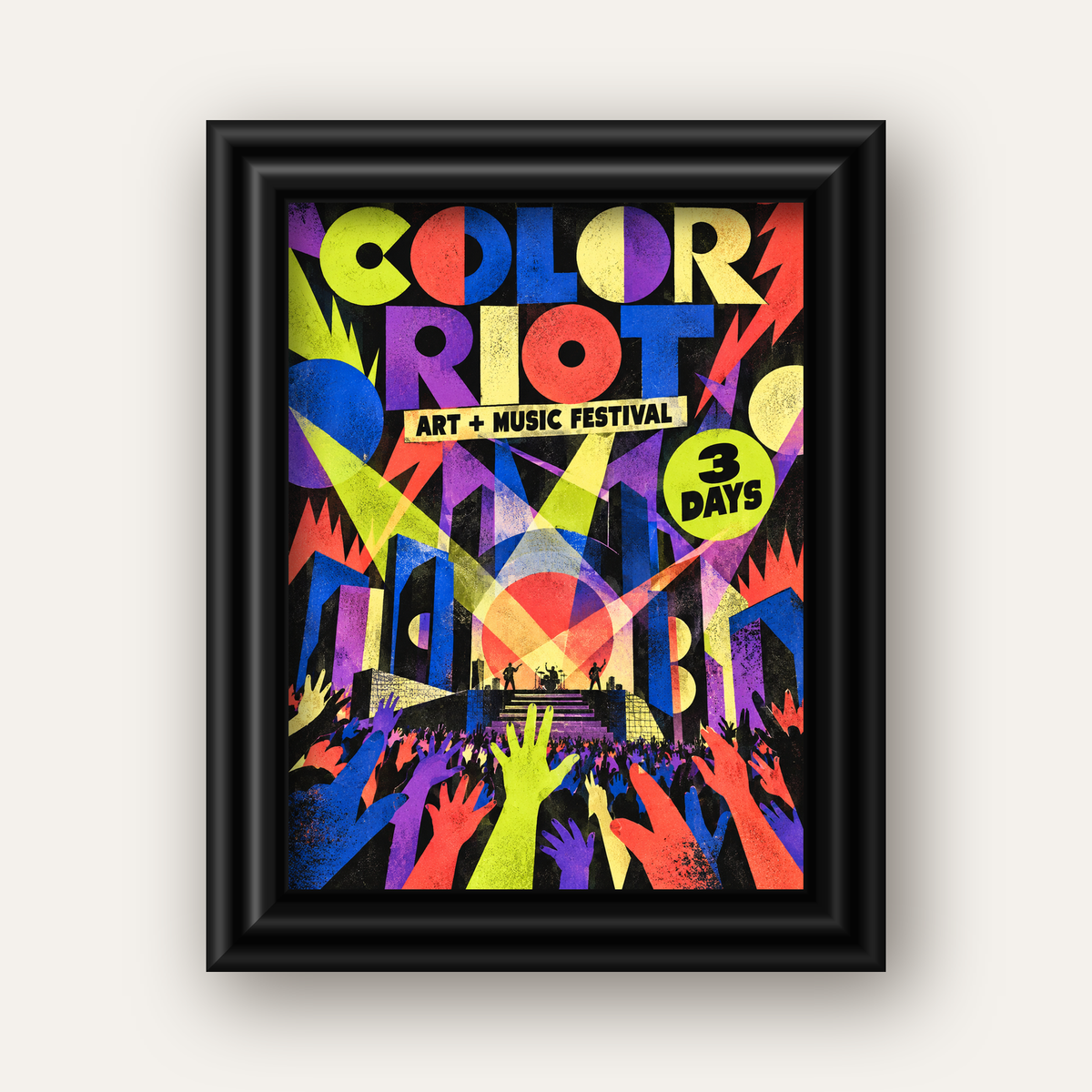 COLOR RIOT Müzik Festivali Pop-Art Poster – Renkli Dekor — siyah galeri çerçeveli