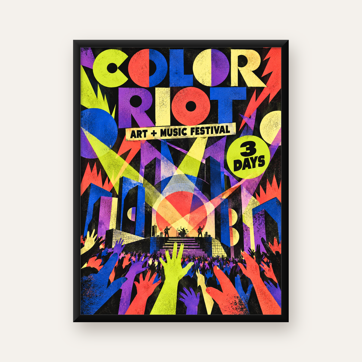 COLOR RIOT Müzik Festivali Pop-Art Poster – Renkli Dekor — Dikey baskı, düz siyah çerçeveli duvar posteri