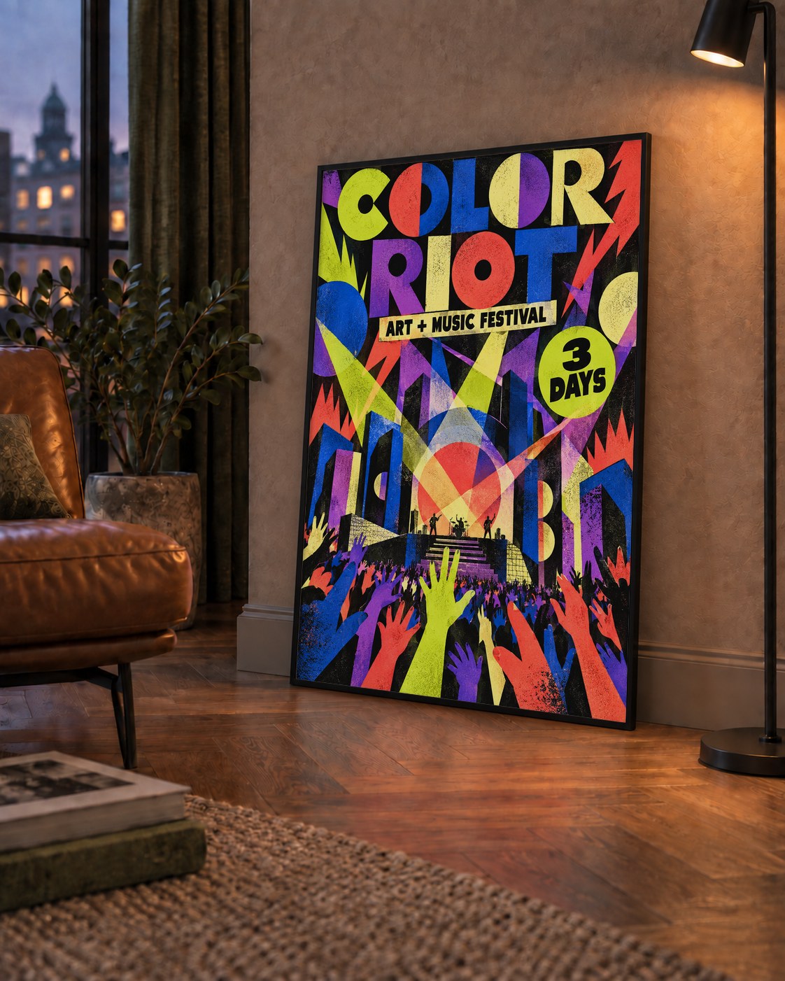 COLOR RIOT Müzik Festivali Pop-Art Poster – Renkli Dekor — çerçeveli hâliyle bir ev duvarında
