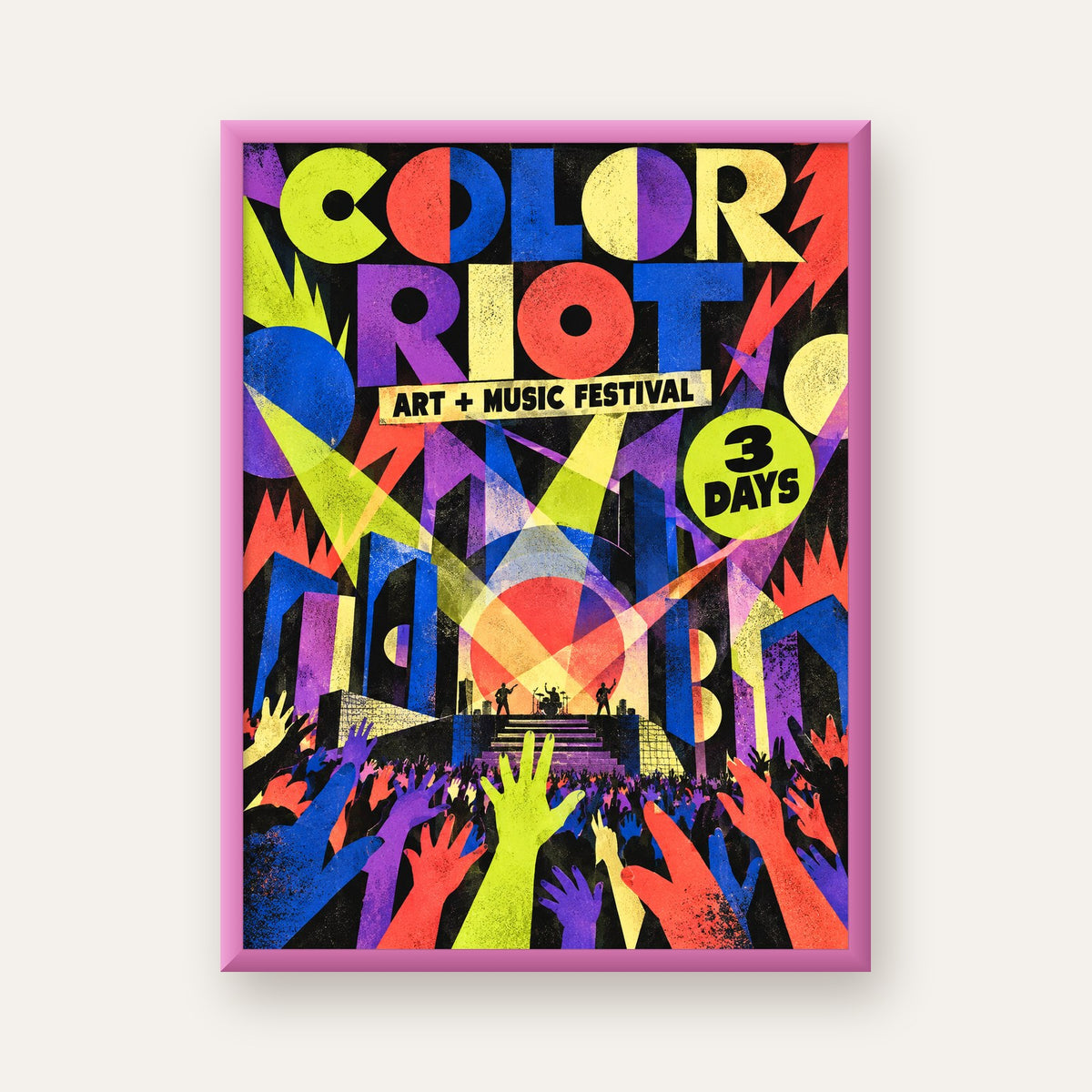 COLOR RIOT Müzik Festivali Pop-Art Poster – Renkli Dekor — pembe çerçeveli