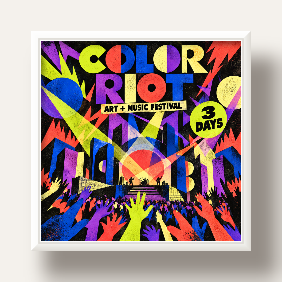 COLOR RIOT Müzik Festivali Pop-Art Poster – Renkli Dekor — beyaz derin çerçeveli