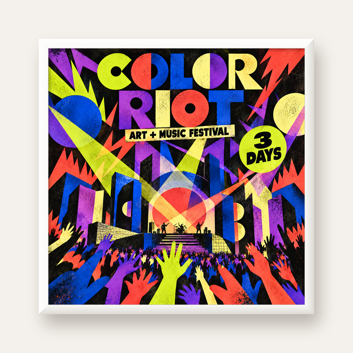 COLOR RIOT Müzik Festivali Pop-Art Poster – Renkli Dekor — beyaz çerçeveli kare poster
