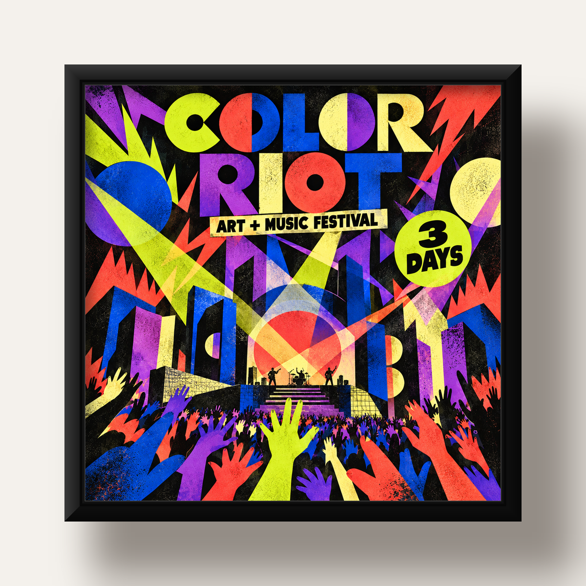 COLOR RIOT Müzik Festivali Pop-Art Poster – Renkli Dekor — siyah derin çerçeveli