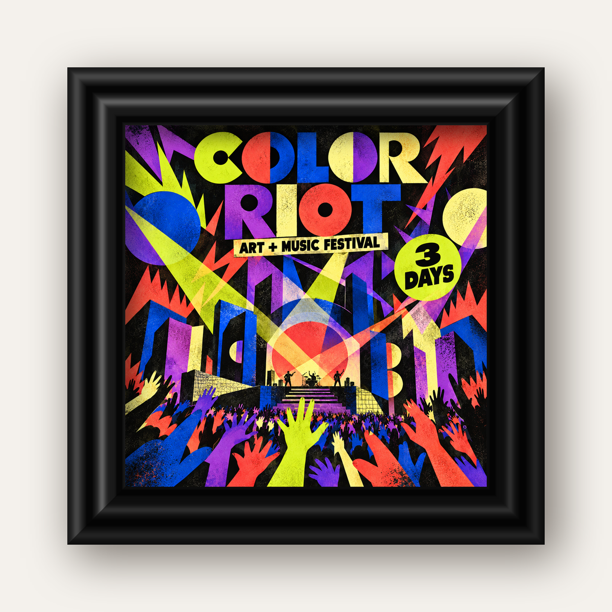 COLOR RIOT Müzik Festivali Pop-Art Poster – Renkli Dekor — siyah galeri çerçeveli