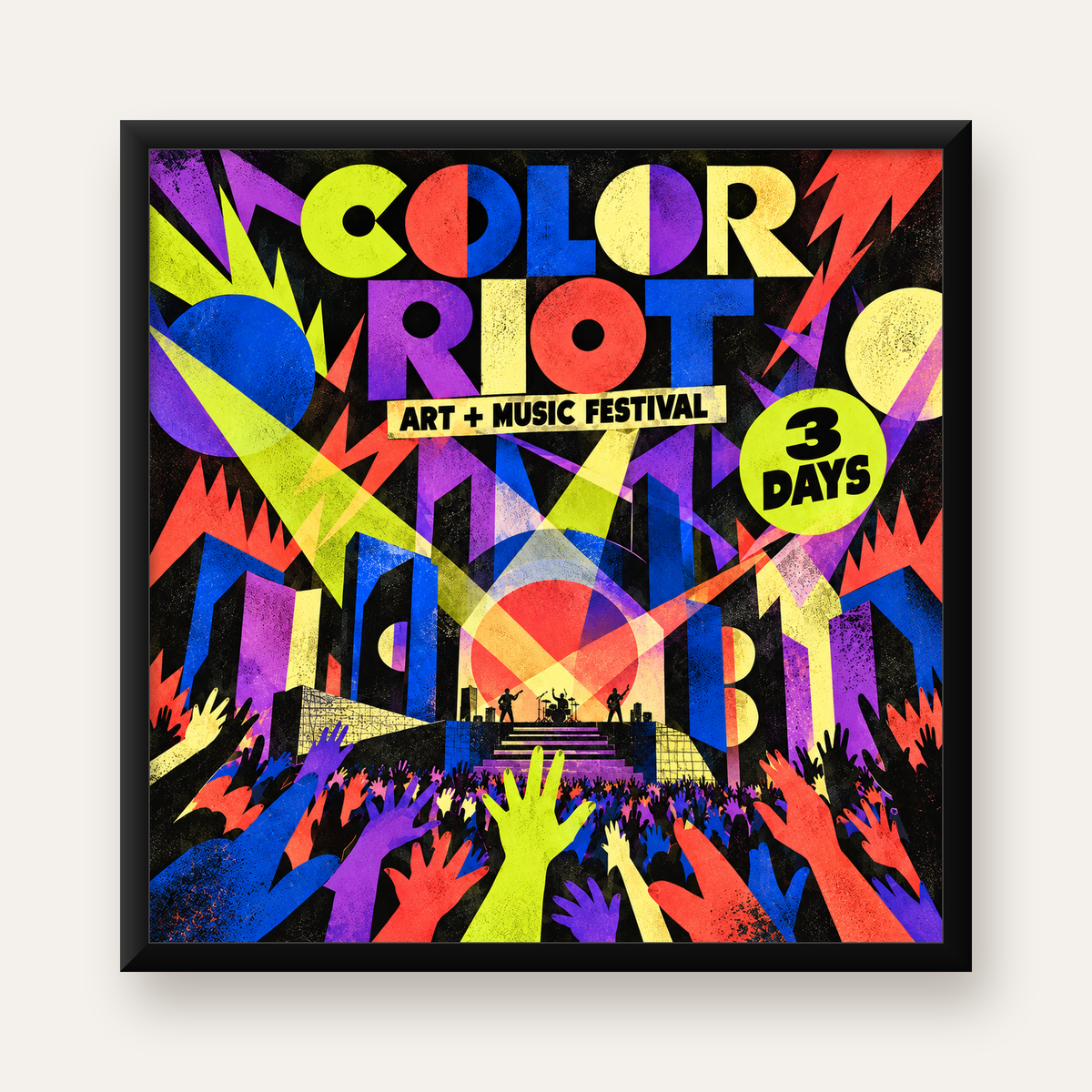 COLOR RIOT Müzik Festivali Pop-Art Poster – Renkli Dekor — Kare baskı, düz siyah çerçeveli duvar posteri