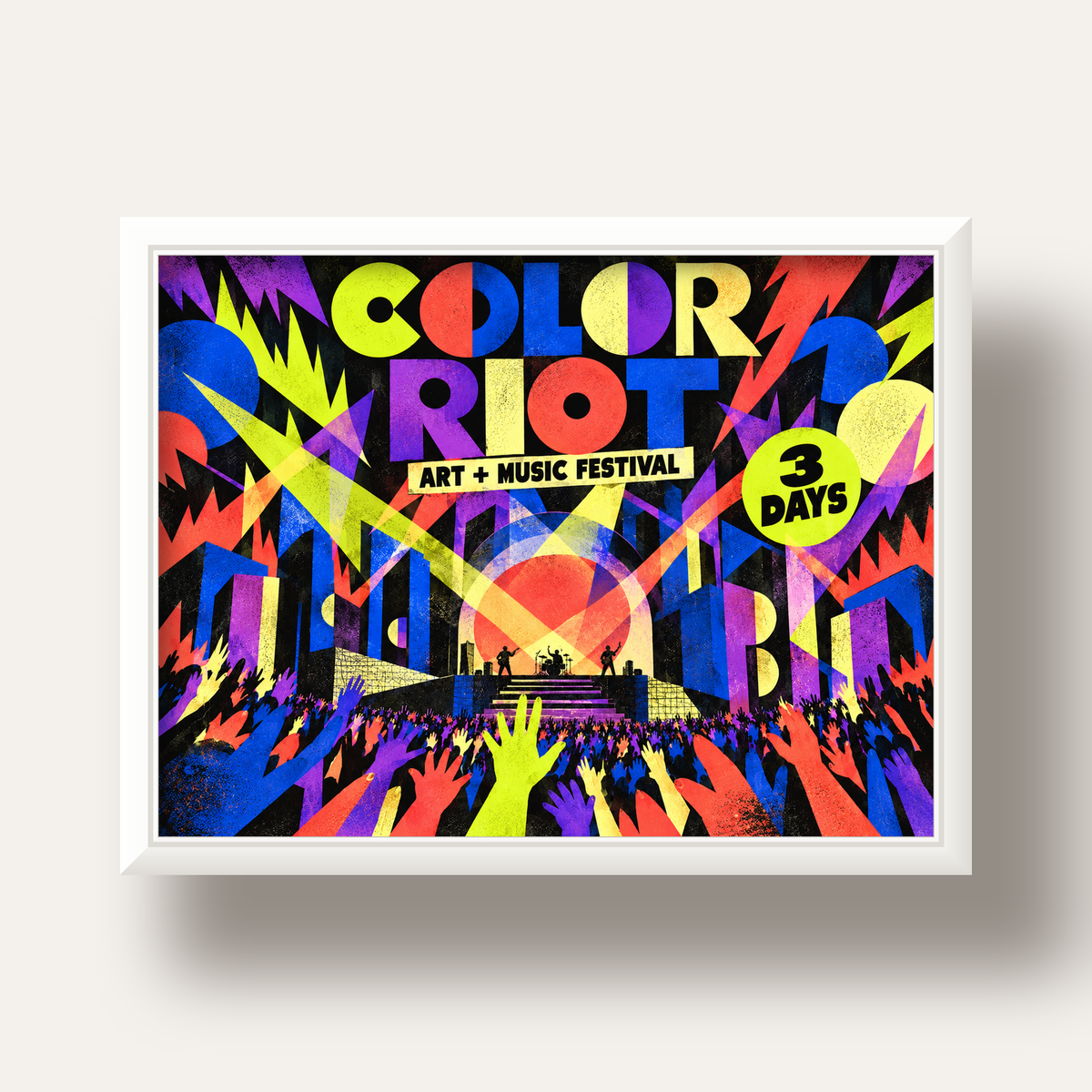 COLOR RIOT Müzik Festivali Pop-Art Poster – Renkli Dekor — beyaz derin çerçeveli