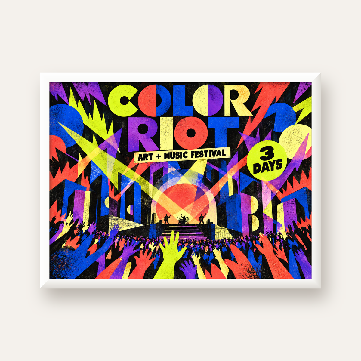 COLOR RIOT Müzik Festivali Pop-Art Poster – Renkli Dekor — beyaz çerçeveli yatay poster