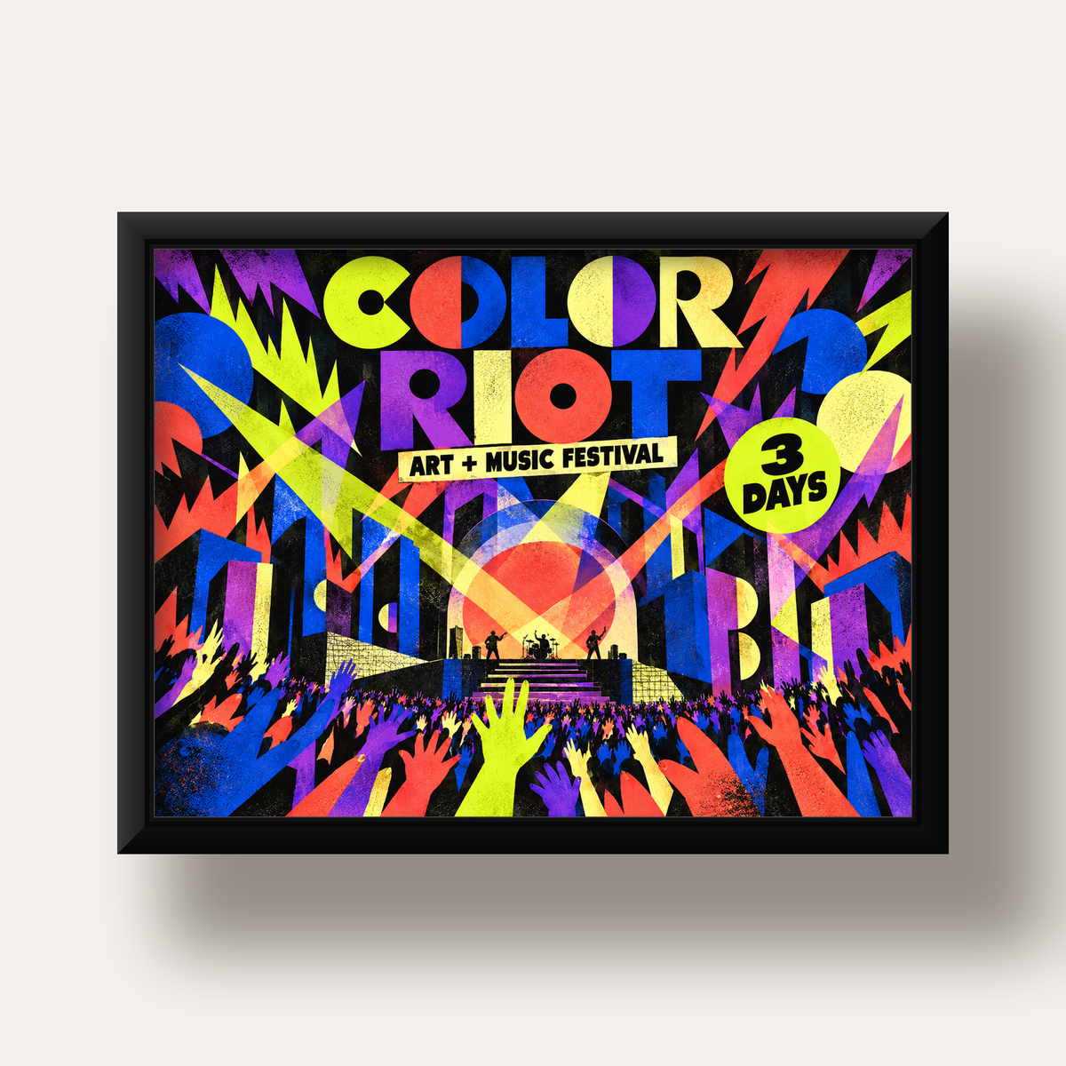 COLOR RIOT Müzik Festivali Pop-Art Poster – Renkli Dekor — siyah derin çerçeveli