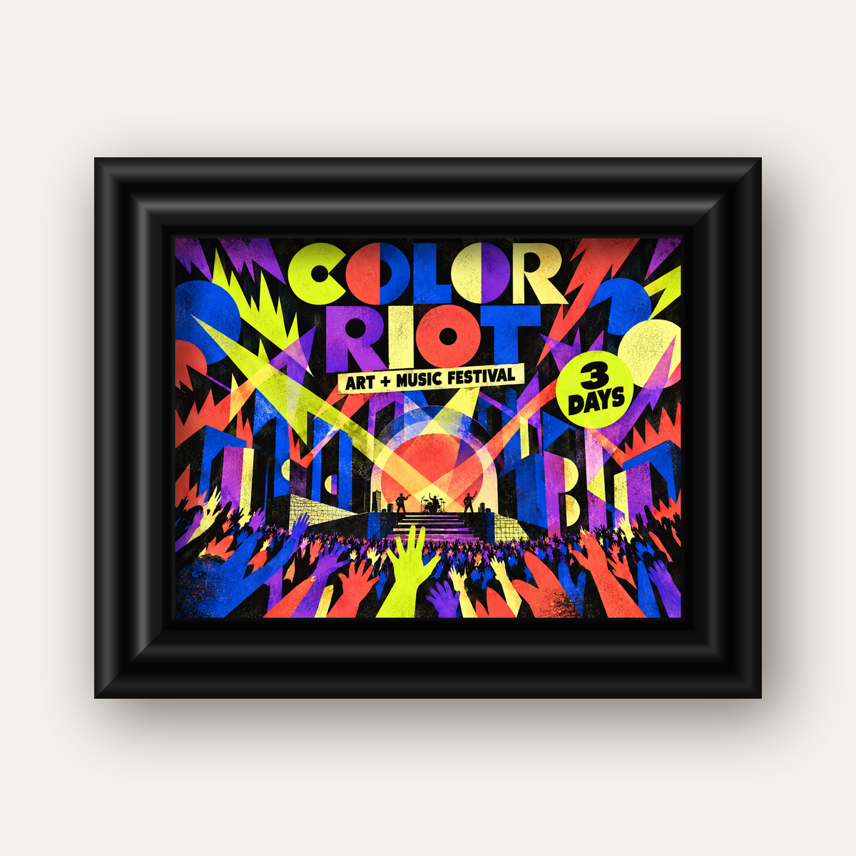 COLOR RIOT Müzik Festivali Pop-Art Poster – Renkli Dekor — siyah galeri çerçeveli