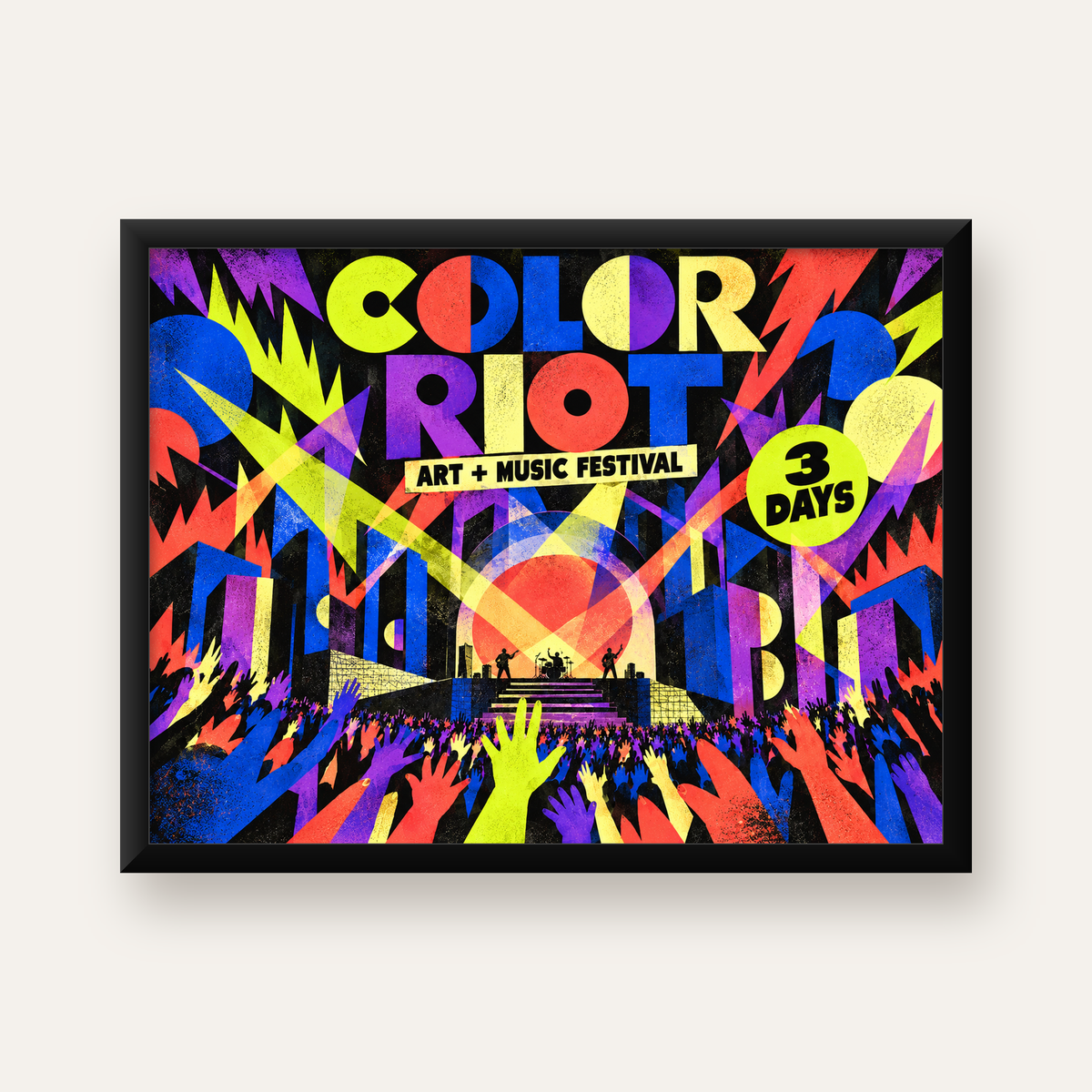 COLOR RIOT Müzik Festivali Pop-Art Poster – Renkli Dekor — Yatay baskı, düz siyah çerçeveli duvar posteri